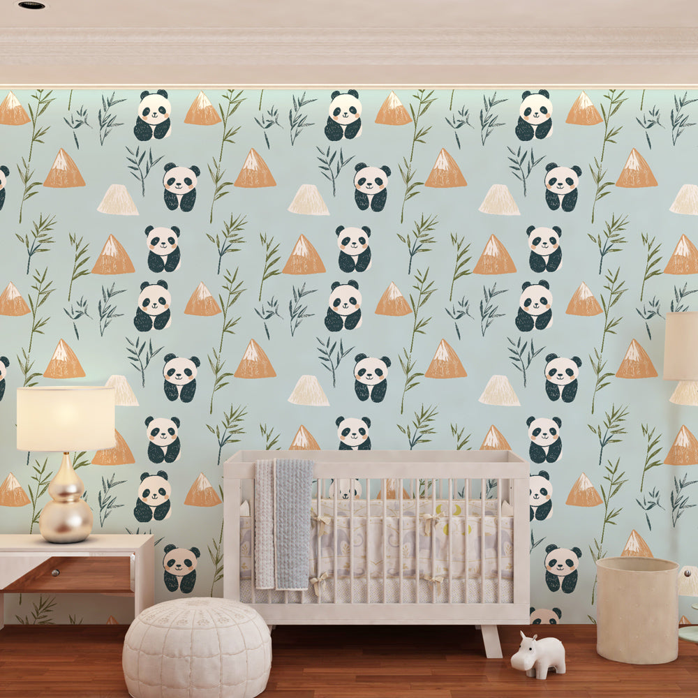 Panda bears mountain wallpaper transforming toddler room into magical adventure space