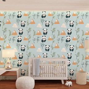 Panda bears mountain wallpaper transforming toddler room into magical adventure space