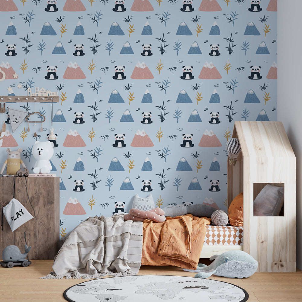 Mountain panda wallpaper transforming toddler room with nature-inspired design