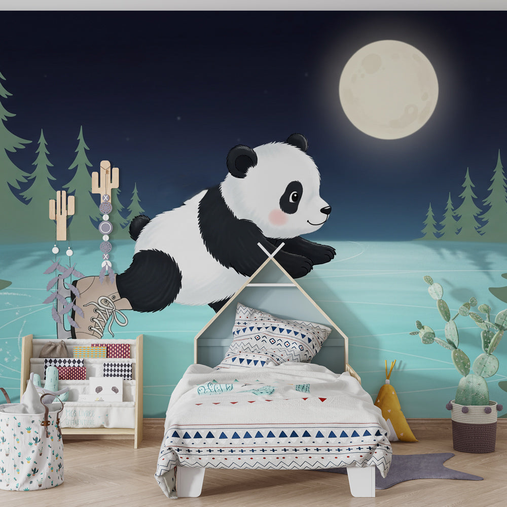 Winter panda skating wallpaper creating magical nursery decor with soft moonlight ambiance