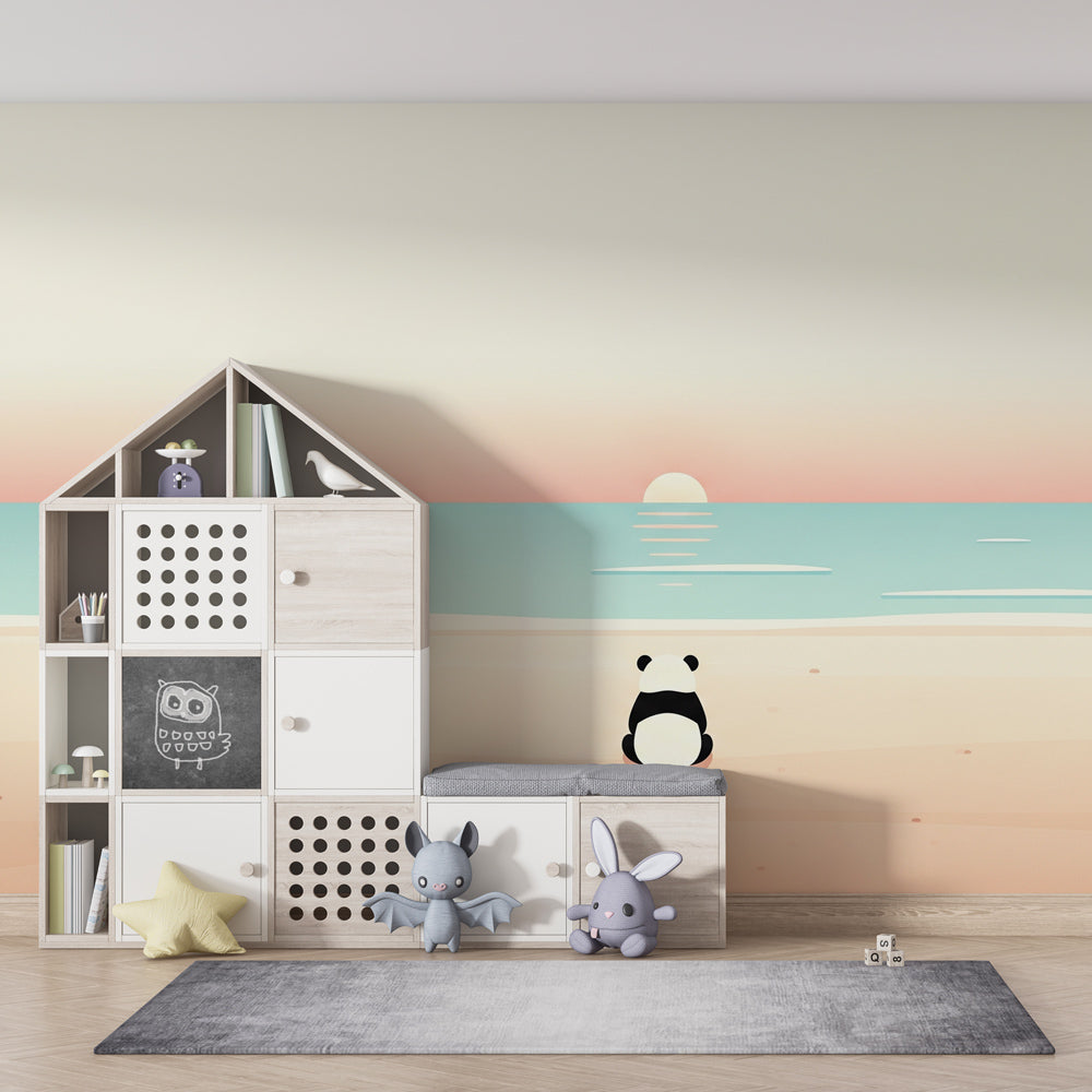 Serene panda beach wallpaper in modern kids bedroom with natural wood furniture and coastal theme