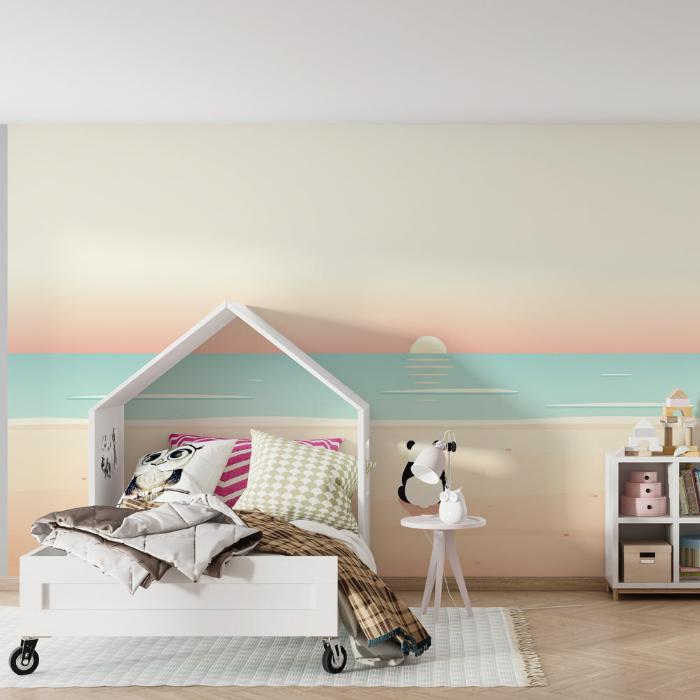 Ocean sunset mural wallpaper with contemplative panda creating calm atmosphere in children's playroom