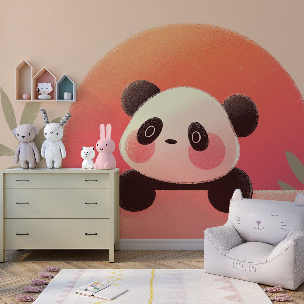 Kids-Mundo pastel panda wall mural glowing on a warm kids bedroom feature wall