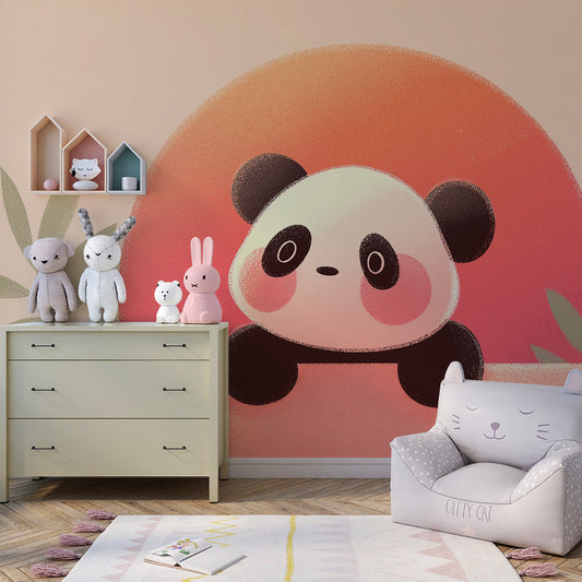 Kids-Mundo pastel panda wall mural glowing on a warm kids bedroom feature wall