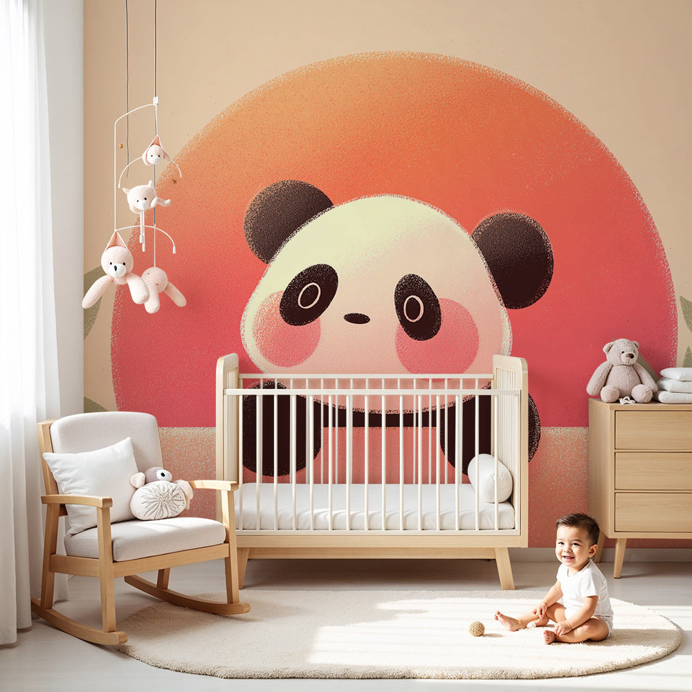 Kids-Mundo cute panda pastel sunset wall mural in a soft blush pink nursery