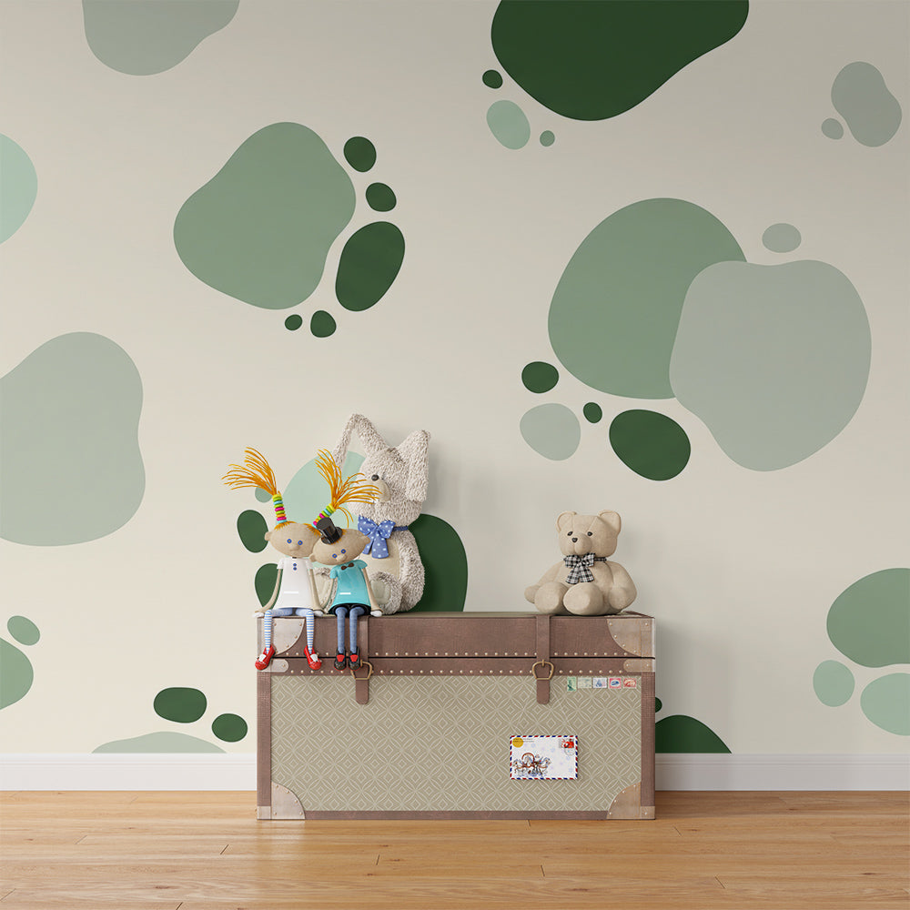 Kids-Mundo green paw print wall mural adding a natural touch to a playroom.