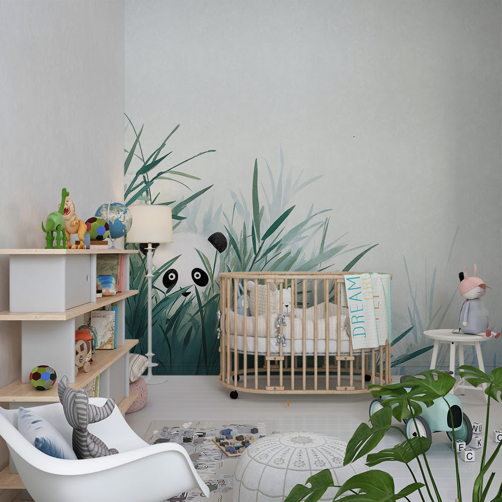Kids-Mundo bamboo panda mural wallpaper installed on a feature wall in a child's bedroom