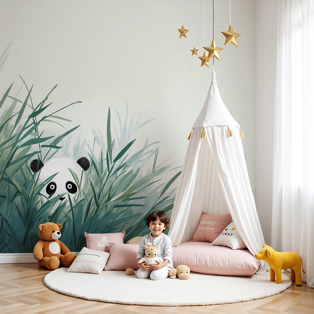 Kids-Mundo panda wall mural peeking through tall bamboo grass styled in a calm baby nursery
