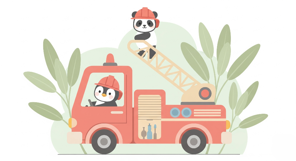 Panda and Penguin Firefighters Wall Mural
