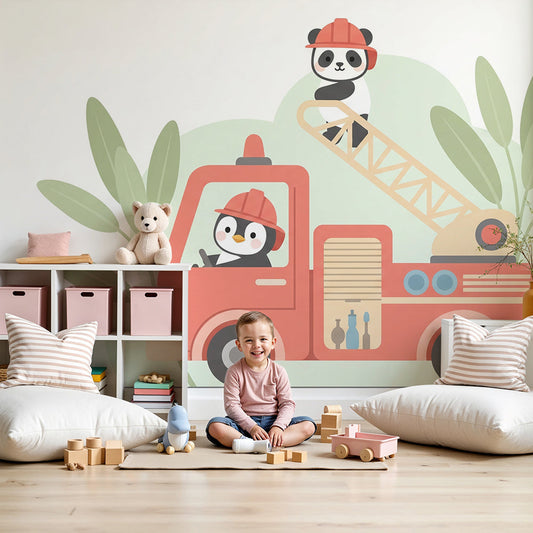 Kids-Mundo panda and penguin fire truck wall mural in a bright baby nursery
