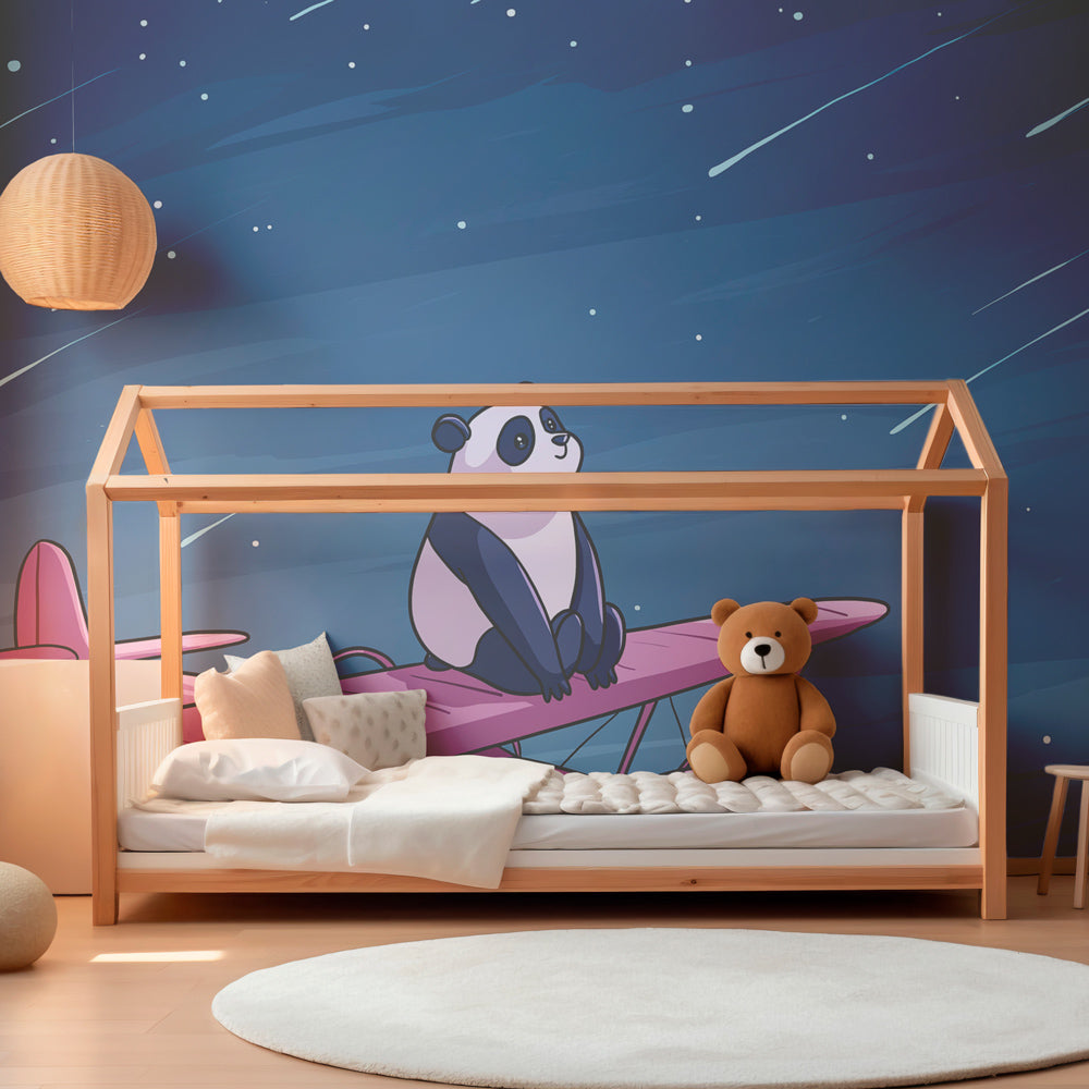 Celestial panda mural wallpaper transforming toddler bedroom into dreamy space