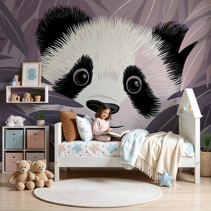 Kids-Mundo panda peekaboo wall mural in pink and violet tones in a baby nursery