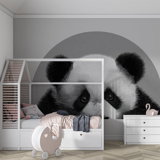 Kids-Mundo monochrome panda wall mural as a striking feature in a kids bedroom