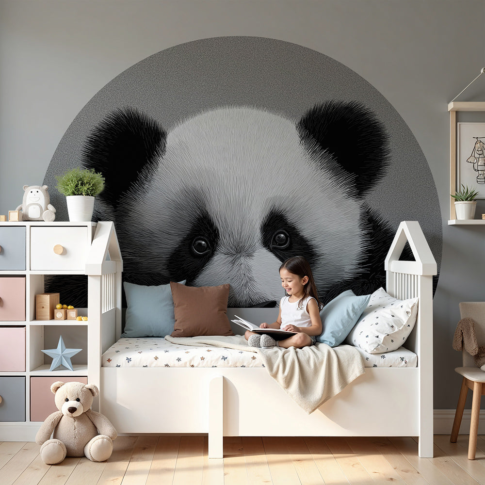 Kids-Mundo realistic panda portrait wall mural in a calm grey and white nursery