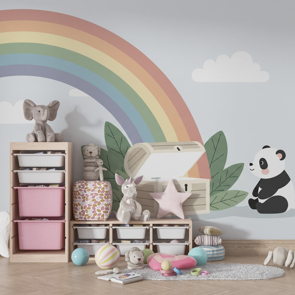 Curious panda rainbow wallpaper transforming baby bedroom into magical sanctuary with pastel colors