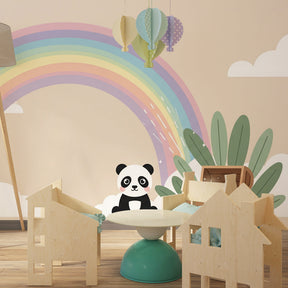 Panda rainbow wallpaper with pastel colors in modern baby bedroom setting