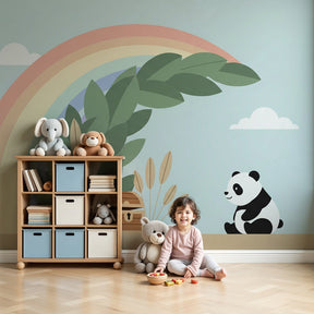Panda rainbow mural wallpaper in cozy baby nursery with natural wood crib by Kids-Mundo