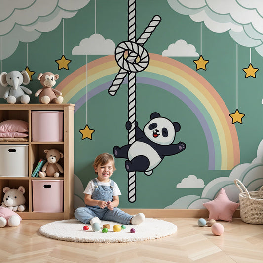 Kids-Mundo panda climbing a rope wall mural in a colourful kids bedroom