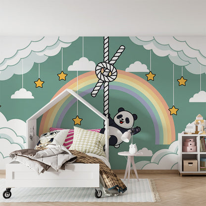 Kids-Mundo rainbow panda wall mural brightening an active children's playroom