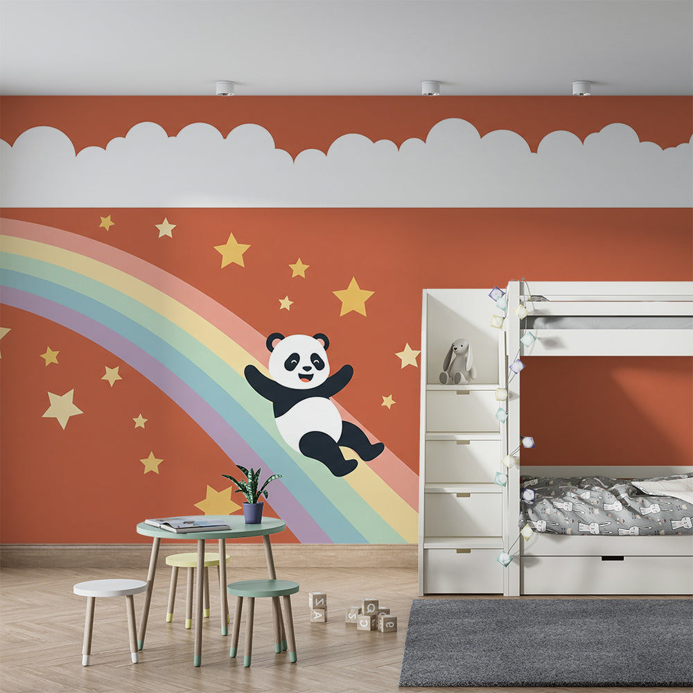 Kids-Mundo panda rainbow wall mural fitted in a bright, playful kids' bedroom.