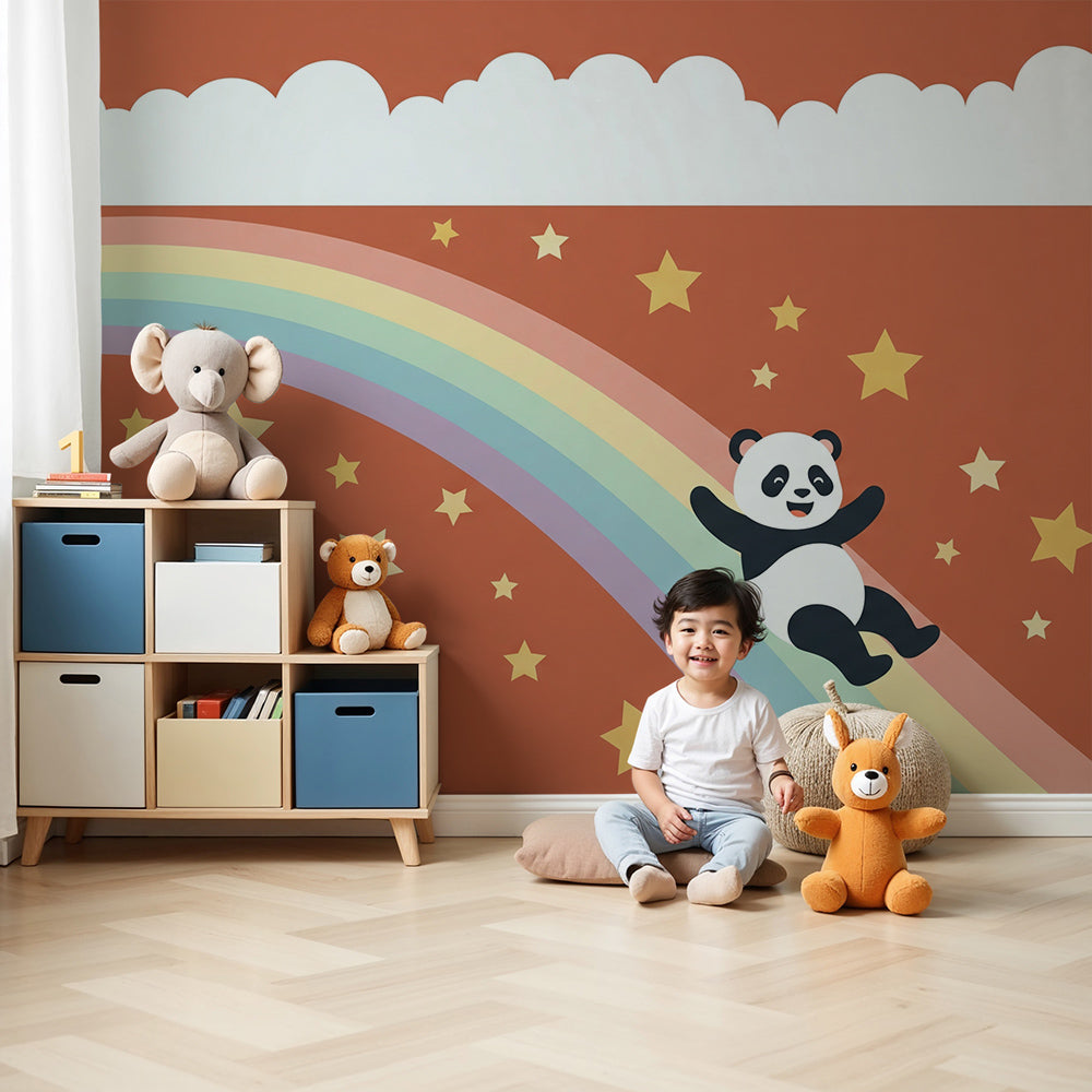 Kids-Mundo panda rainbow wall mural in a sunny nursery, adding playful colour above the cot.
