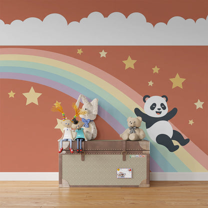 Kids-Mundo panda rainbow slide wall mural brightening a fun, colourful playroom wall.