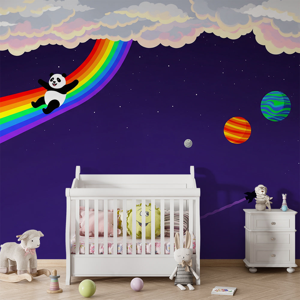 Kids-Mundo panda and planets wall mural brightening a dreamy kids' bedroom.