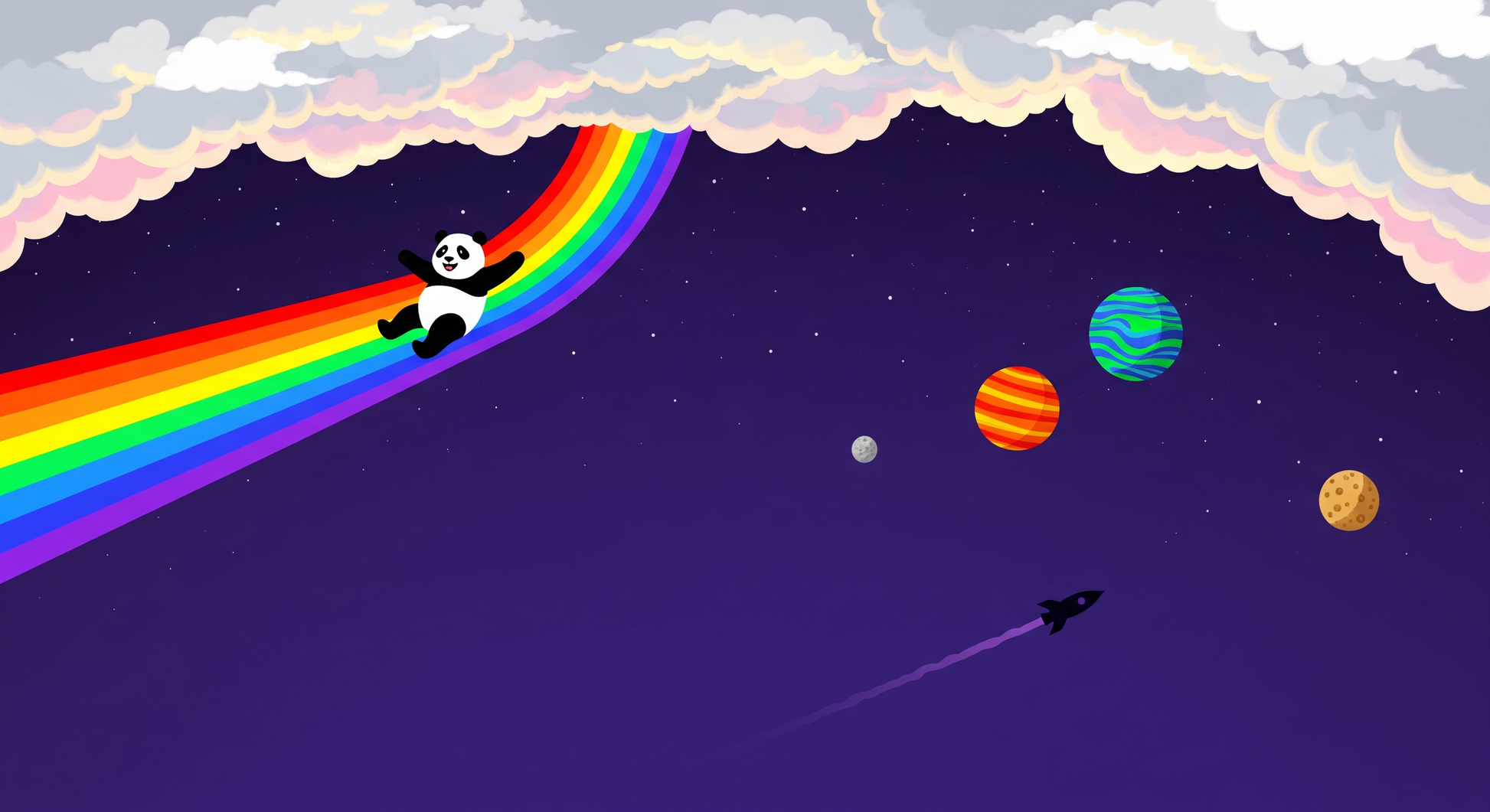 Kids-Mundo flat artwork of a panda on a rainbow slide among planets and stars.