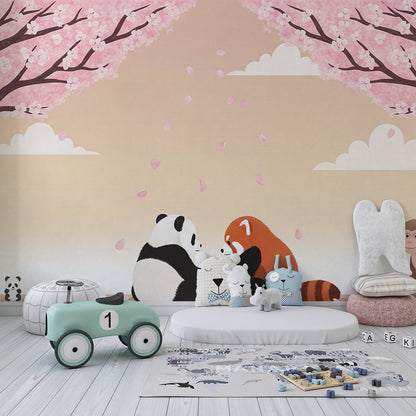 Kids-Mundo cherry blossom wall mural with pandas shown in a bright kids' bedroom.