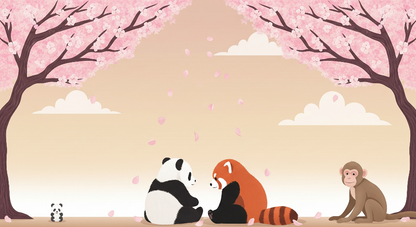 Kids-Mundo flat artwork of a panda, red panda and monkey beneath cherry blossom trees.