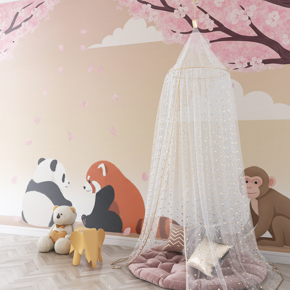 Kids-Mundo panda and red panda wall mural pictured in a calm children's playroom.