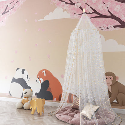 Kids-Mundo panda and red panda wall mural pictured in a calm children's playroom.