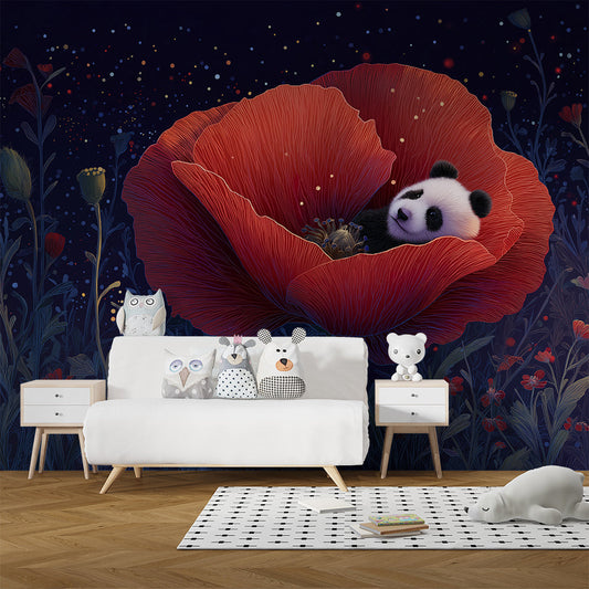 Kids-Mundo panda wall mural with a red poppy shown in a colourful children's bedroom