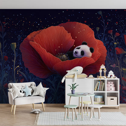 Kids-Mundo panda and poppy wall mural shown as a feature wall in a playroom
