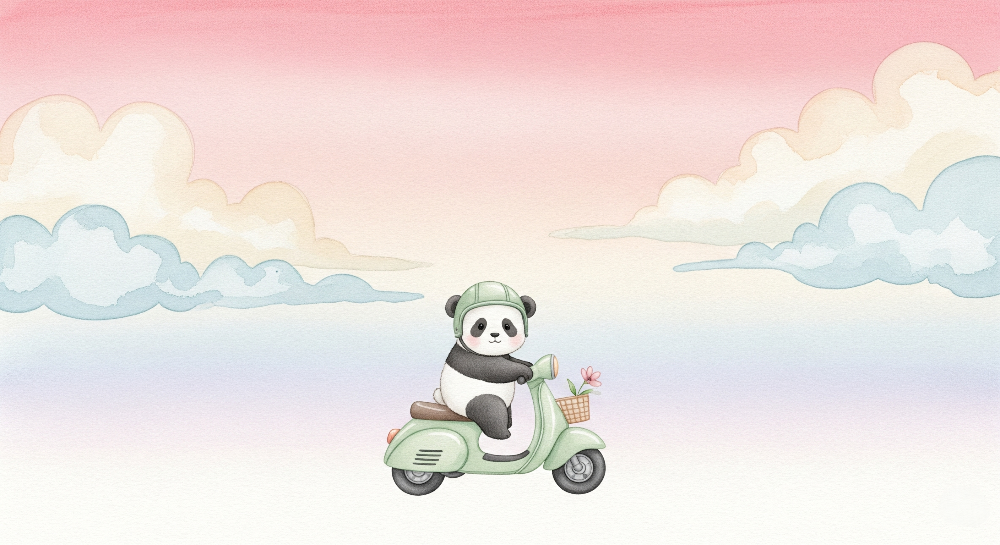 Kids-Mundo flat artwork of a panda riding a scooter with flowers under a pastel sky