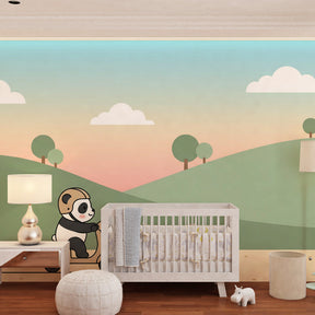 Children's panda scooter wallpaper creating playful atmosphere in kids bedroom decor