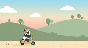 Detailed panda adventure mural wallpaper design pattern with scooter and hills by Kids-Mundo
