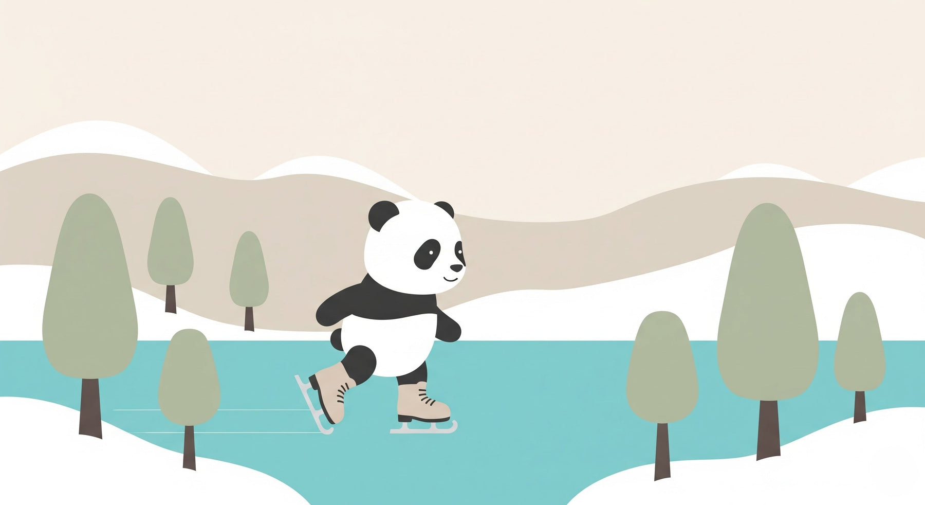 Detailed panda ice skating mural wallpaper design pattern with winter mountain landscape by Kids-Mundo