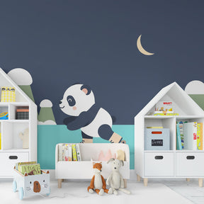 Starry night panda wallpaper transforming kids bedroom into peaceful dreamscape with mountain scene