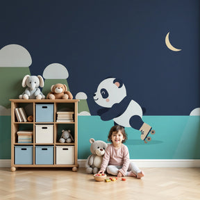 Panda skating mural wallpaper creating magical nighttime atmosphere in modern nursery by Kids-Mundo