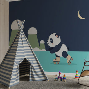 Animal themed panda mural wallpaper in bright playroom setting showcasing calming blue tones