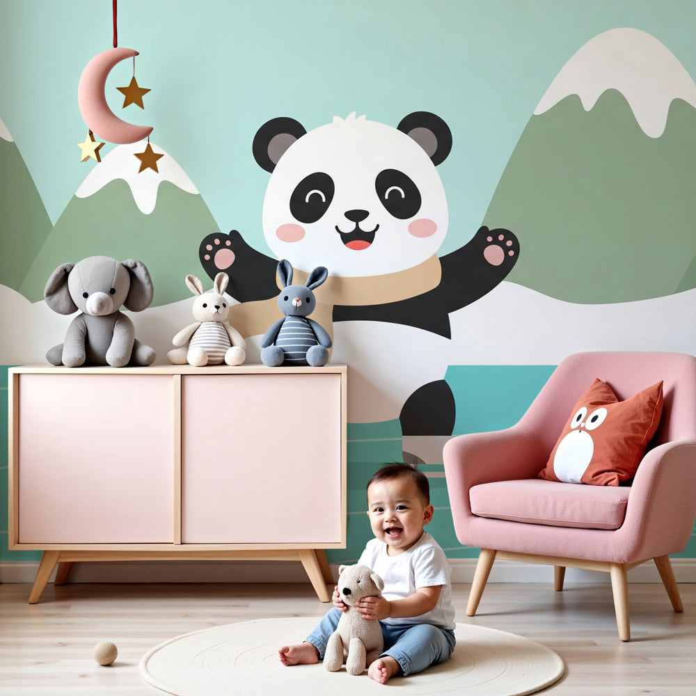 Panda skating winter mural wallpaper in cozy kids bedroom setting by Kids-Mundo