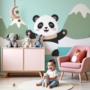 Panda skating winter mural wallpaper in cozy kids bedroom setting by Kids-Mundo
