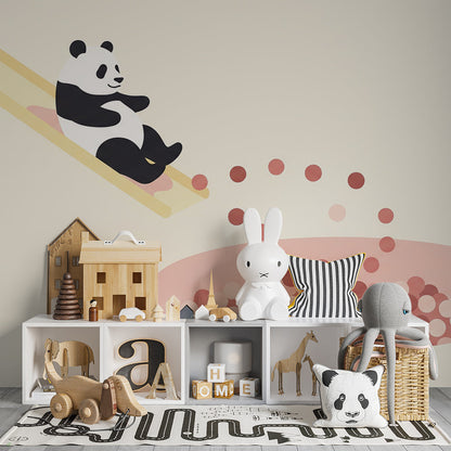 Panda ball pit slide wall mural by Kids-Mundo in a bright, energetic playroom