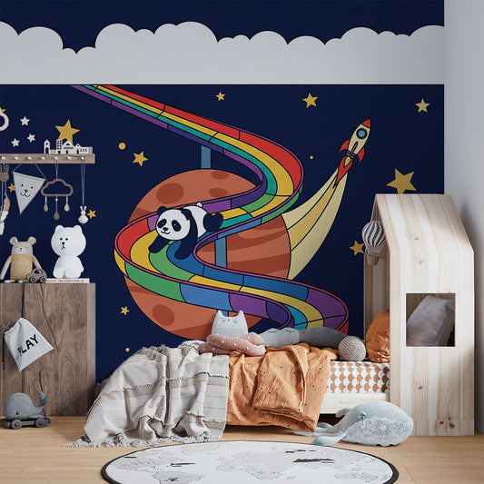 Kids-Mundo space panda wall mural brightening a fun, galaxy-themed kids' bedroom.