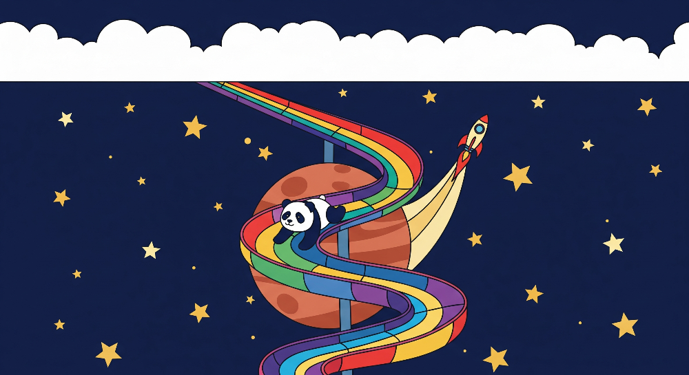 Panda Riding a Rainbow Slide Through Space Wall Mural