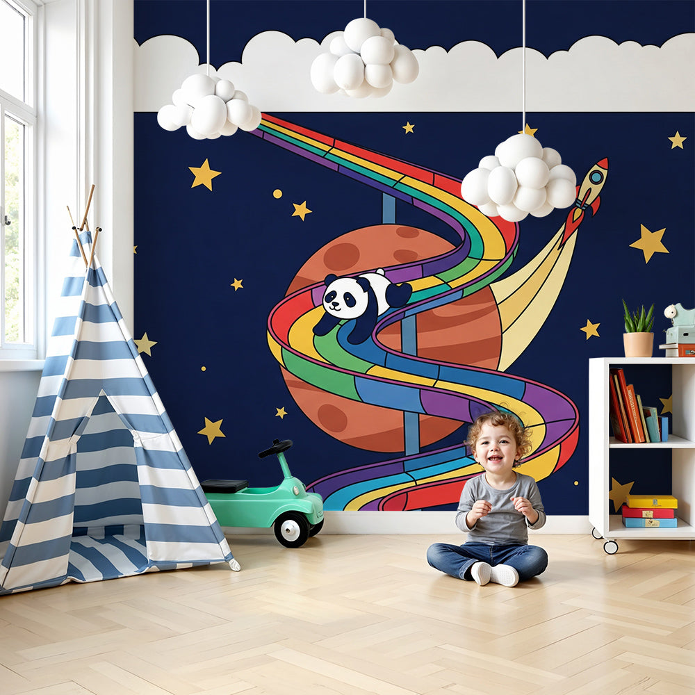 Kids-Mundo space panda wall mural styled in a starry nursery with cot and soft lighting.