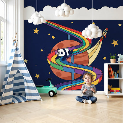 Kids-Mundo space panda wall mural styled in a starry nursery with cot and soft lighting.