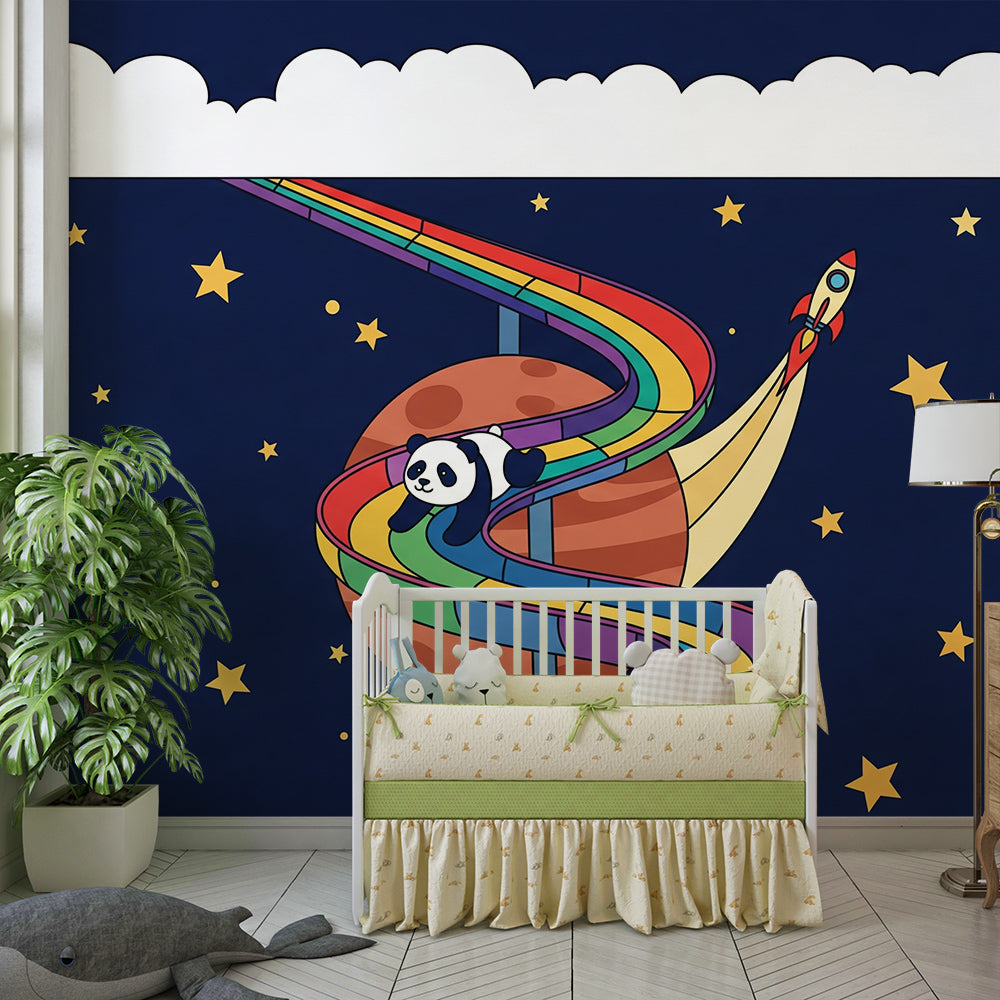Kids-Mundo panda and rocket wall mural adding adventure to a playroom wall.