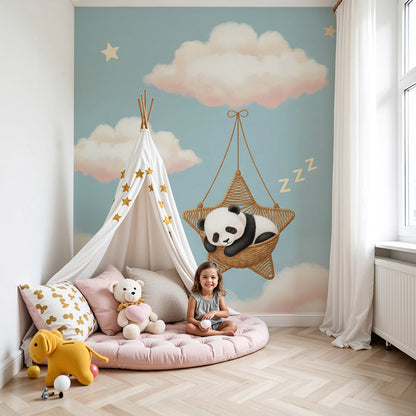 Kids-Mundo panda sleeping in a star basket wall mural in a soft nursery room